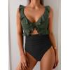 imageEomenie One Piece Swimsuit for Women Tummy Control Ruffle Bathing Suit V Neck Ruched Swim Suit Slimming Cutout SwimwearArmy Green black