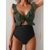 imageEomenie One Piece Swimsuit for Women Tummy Control Ruffle Bathing Suit V Neck Ruched Swim Suit Slimming Cutout SwimwearArmy Green black