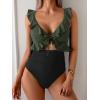 imageEomenie One Piece Swimsuit for Women Tummy Control Ruffle Bathing Suit V Neck Ruched Swim Suit Slimming Cutout SwimwearArmy Green black
