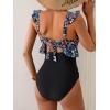 imageEomenie One Piece Swimsuit for Women Tummy Control Ruffle Bathing Suit V Neck Ruched Swim Suit Slimming Cutout SwimwearBlack Blue Floral