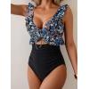 imageEomenie One Piece Swimsuit for Women Tummy Control Ruffle Bathing Suit V Neck Ruched Swim Suit Slimming Cutout SwimwearBlack Blue Floral