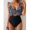 imageEomenie One Piece Swimsuit for Women Tummy Control Ruffle Bathing Suit V Neck Ruched Swim Suit Slimming Cutout SwimwearBlack Blue Floral