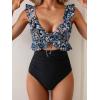 imageEomenie One Piece Swimsuit for Women Tummy Control Ruffle Bathing Suit V Neck Ruched Swim Suit Slimming Cutout SwimwearBlack Blue Floral
