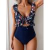 imageEomenie One Piece Swimsuit for Women Tummy Control Ruffle Bathing Suit V Neck Ruched Swim Suit Slimming Cutout SwimwearBlack Floral