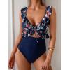 imageEomenie One Piece Swimsuit for Women Tummy Control Ruffle Bathing Suit V Neck Ruched Swim Suit Slimming Cutout SwimwearBlack Floral