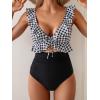 imageEomenie One Piece Swimsuit for Women Tummy Control Ruffle Bathing Suit V Neck Ruched Swim Suit Slimming Cutout SwimwearBlack Plaid