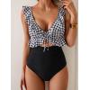 imageEomenie One Piece Swimsuit for Women Tummy Control Ruffle Bathing Suit V Neck Ruched Swim Suit Slimming Cutout SwimwearBlack Plaid