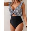 imageEomenie One Piece Swimsuit for Women Tummy Control Ruffle Bathing Suit V Neck Ruched Swim Suit Slimming Cutout SwimwearBlack Plaid