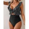 imageEomenie One Piece Swimsuit for Women Tummy Control Ruffle Bathing Suit V Neck Ruched Swim Suit Slimming Cutout SwimwearBlack Polka Dots