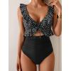 imageEomenie One Piece Swimsuit for Women Tummy Control Ruffle Bathing Suit V Neck Ruched Swim Suit Slimming Cutout SwimwearBlack Polka Dots