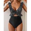 imageEomenie One Piece Swimsuit for Women Tummy Control Ruffle Bathing Suit V Neck Ruched Swim Suit Slimming Cutout SwimwearBlack Polka Dots