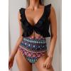imageEomenie One Piece Swimsuit for Women Tummy Control Ruffle Bathing Suit V Neck Ruched Swim Suit Slimming Cutout SwimwearBlack Print