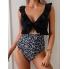 imageEomenie One Piece Swimsuit for Women Tummy Control Ruffle Bathing Suit V Neck Ruched Swim Suit Slimming Cutout SwimwearBlack White Print