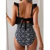imageEomenie One Piece Swimsuit for Women Tummy Control Ruffle Bathing Suit V Neck Ruched Swim Suit Slimming Cutout SwimwearBlack White Print
