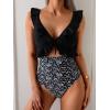 imageEomenie One Piece Swimsuit for Women Tummy Control Ruffle Bathing Suit V Neck Ruched Swim Suit Slimming Cutout SwimwearBlack White Print