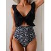 imageEomenie One Piece Swimsuit for Women Tummy Control Ruffle Bathing Suit V Neck Ruched Swim Suit Slimming Cutout SwimwearBlack White Print