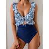 imageEomenie One Piece Swimsuit for Women Tummy Control Ruffle Bathing Suit V Neck Ruched Swim Suit Slimming Cutout SwimwearBlue Floral