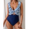 imageEomenie One Piece Swimsuit for Women Tummy Control Ruffle Bathing Suit V Neck Ruched Swim Suit Slimming Cutout SwimwearBlue Floral