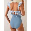 imageEomenie One Piece Swimsuit for Women Tummy Control Ruffle Bathing Suit V Neck Ruched Swim Suit Slimming Cutout SwimwearBlue Plaid