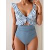 imageEomenie One Piece Swimsuit for Women Tummy Control Ruffle Bathing Suit V Neck Ruched Swim Suit Slimming Cutout SwimwearBlue Plaid