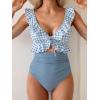 imageEomenie One Piece Swimsuit for Women Tummy Control Ruffle Bathing Suit V Neck Ruched Swim Suit Slimming Cutout SwimwearBlue Plaid