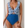 imageEomenie One Piece Swimsuit for Women Tummy Control Ruffle Bathing Suit V Neck Ruched Swim Suit Slimming Cutout SwimwearBlue Print