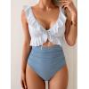 imageEomenie One Piece Swimsuit for Women Tummy Control Ruffle Bathing Suit V Neck Ruched Swim Suit Slimming Cutout SwimwearBlue Stripes