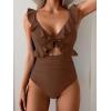 imageEomenie One Piece Swimsuit for Women Tummy Control Ruffle Bathing Suit V Neck Ruched Swim Suit Slimming Cutout SwimwearBrown