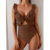 imageEomenie One Piece Swimsuit for Women Tummy Control Ruffle Bathing Suit V Neck Ruched Swim Suit Slimming Cutout SwimwearBrown