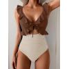 imageEomenie One Piece Swimsuit for Women Tummy Control Ruffle Bathing Suit V Neck Ruched Swim Suit Slimming Cutout SwimwearBrown white