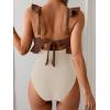 imageEomenie One Piece Swimsuit for Women Tummy Control Ruffle Bathing Suit V Neck Ruched Swim Suit Slimming Cutout SwimwearBrown white