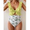 imageEomenie One Piece Swimsuit for Women Tummy Control Ruffle Bathing Suit V Neck Ruched Swim Suit Slimming Cutout SwimwearGreen Print