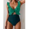 imageEomenie One Piece Swimsuit for Women Tummy Control Ruffle Bathing Suit V Neck Ruched Swim Suit Slimming Cutout SwimwearGreen peacock Green