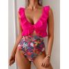imageEomenie One Piece Swimsuit for Women Tummy Control Ruffle Bathing Suit V Neck Ruched Swim Suit Slimming Cutout SwimwearHot Pink Floral