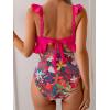 imageEomenie One Piece Swimsuit for Women Tummy Control Ruffle Bathing Suit V Neck Ruched Swim Suit Slimming Cutout SwimwearHot Pink Floral