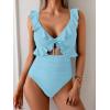 imageEomenie One Piece Swimsuit for Women Tummy Control Ruffle Bathing Suit V Neck Ruched Swim Suit Slimming Cutout SwimwearLight Blue