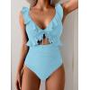imageEomenie One Piece Swimsuit for Women Tummy Control Ruffle Bathing Suit V Neck Ruched Swim Suit Slimming Cutout SwimwearLight Blue