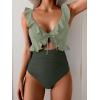 imageEomenie One Piece Swimsuit for Women Tummy Control Ruffle Bathing Suit V Neck Ruched Swim Suit Slimming Cutout SwimwearLight Green army Green