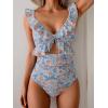 imageEomenie One Piece Swimsuit for Women Tummy Control Ruffle Bathing Suit V Neck Ruched Swim Suit Slimming Cutout SwimwearOrange Floral