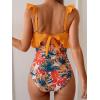 imageEomenie One Piece Swimsuit for Women Tummy Control Ruffle Bathing Suit V Neck Ruched Swim Suit Slimming Cutout SwimwearOrange Print