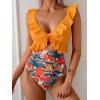 imageEomenie One Piece Swimsuit for Women Tummy Control Ruffle Bathing Suit V Neck Ruched Swim Suit Slimming Cutout SwimwearOrange Print