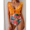 imageEomenie One Piece Swimsuit for Women Tummy Control Ruffle Bathing Suit V Neck Ruched Swim Suit Slimming Cutout SwimwearOrange Print