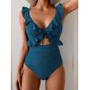 imageEomenie One Piece Swimsuit for Women Tummy Control Ruffle Bathing Suit V Neck Ruched Swim Suit Slimming Cutout SwimwearPeacock Blue