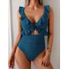 imageEomenie One Piece Swimsuit for Women Tummy Control Ruffle Bathing Suit V Neck Ruched Swim Suit Slimming Cutout SwimwearPeacock Blue