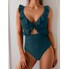 imageEomenie One Piece Swimsuit for Women Tummy Control Ruffle Bathing Suit V Neck Ruched Swim Suit Slimming Cutout SwimwearPeacock Green