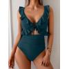 imageEomenie One Piece Swimsuit for Women Tummy Control Ruffle Bathing Suit V Neck Ruched Swim Suit Slimming Cutout SwimwearPeacock Green