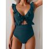 imageEomenie One Piece Swimsuit for Women Tummy Control Ruffle Bathing Suit V Neck Ruched Swim Suit Slimming Cutout SwimwearPeacock Green