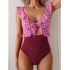 imageEomenie One Piece Swimsuit for Women Tummy Control Ruffle Bathing Suit V Neck Ruched Swim Suit Slimming Cutout SwimwearPink Plaid