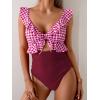 imageEomenie One Piece Swimsuit for Women Tummy Control Ruffle Bathing Suit V Neck Ruched Swim Suit Slimming Cutout SwimwearPink Plaid