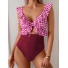 imageEomenie One Piece Swimsuit for Women Tummy Control Ruffle Bathing Suit V Neck Ruched Swim Suit Slimming Cutout SwimwearPink Plaid